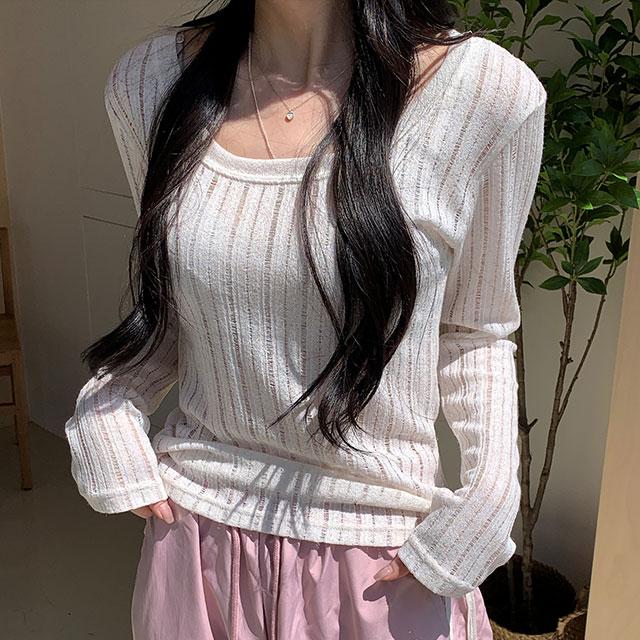 [린넨/신상🌸] 웨이 여리핏 린넨 U넥 시스루 데일리 티셔츠