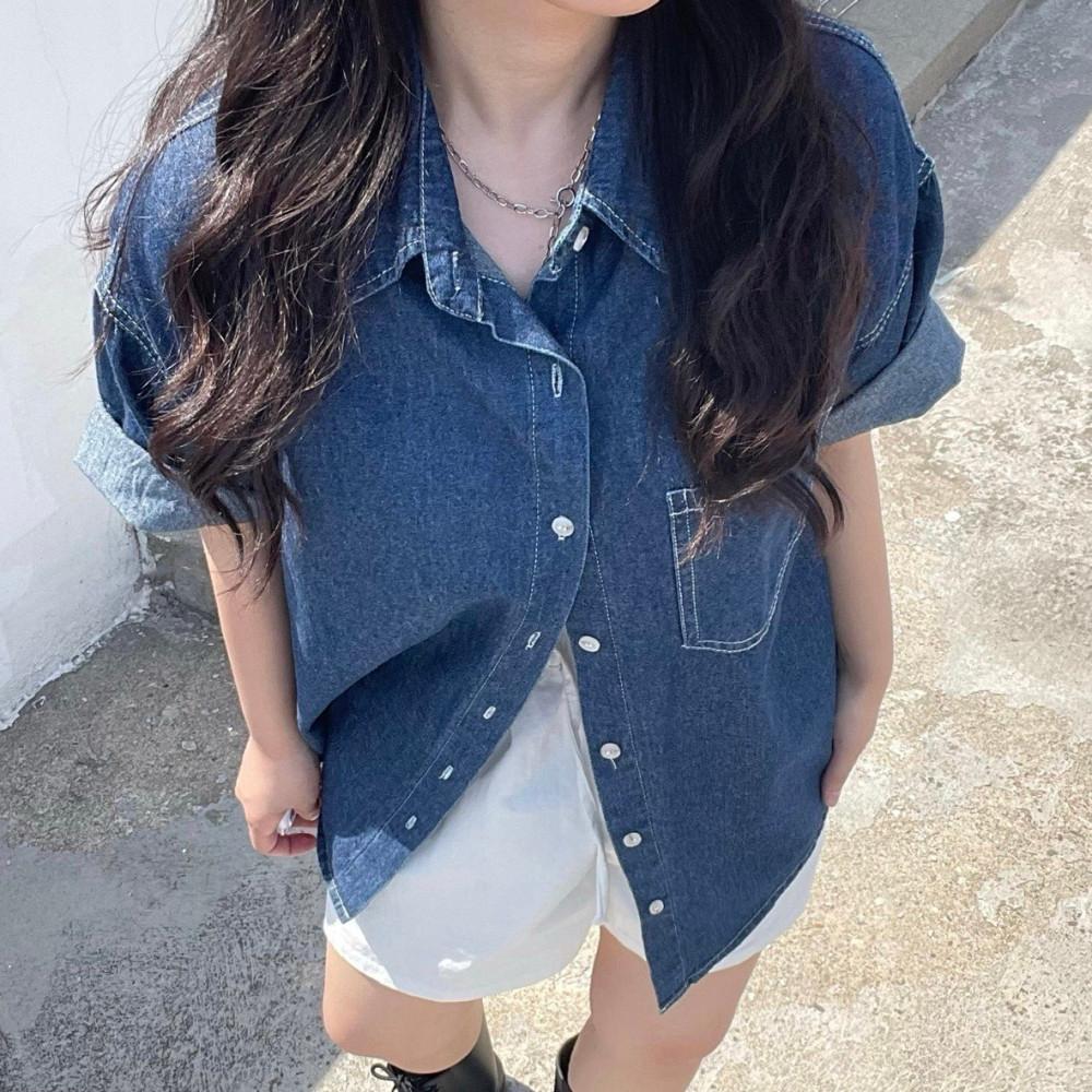 데님블라우스 데님반팔셔츠 반팔청남방
