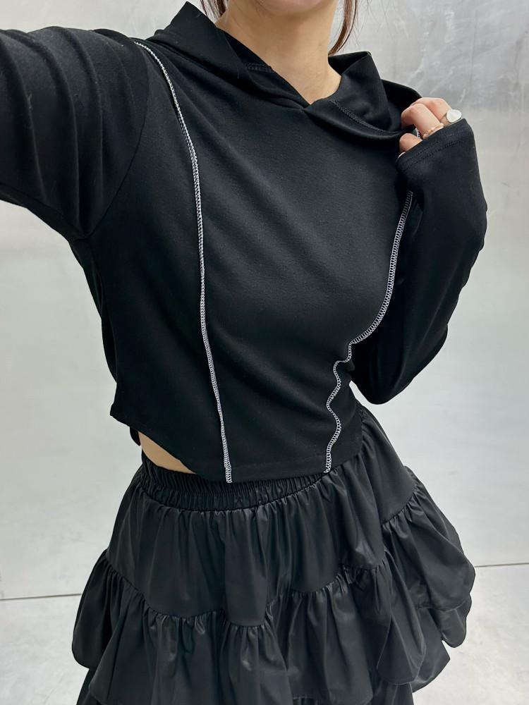 스티치 크롭후드티 언발티 4colors 긴팔티셔츠