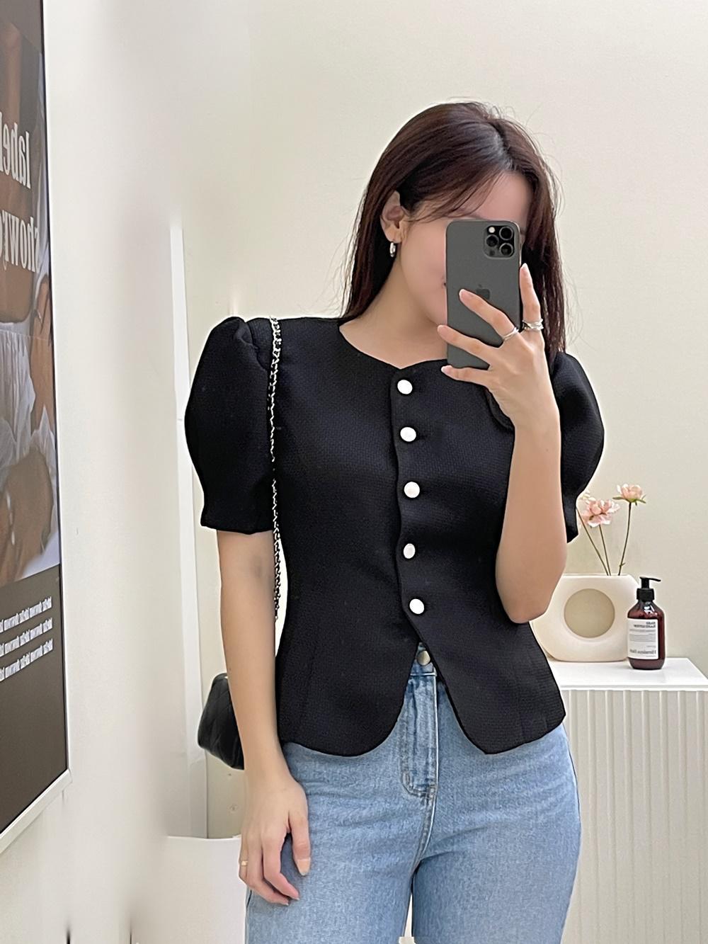 노카라 라운드넥 핀턱 퍼프 반팔 트위드 자켓