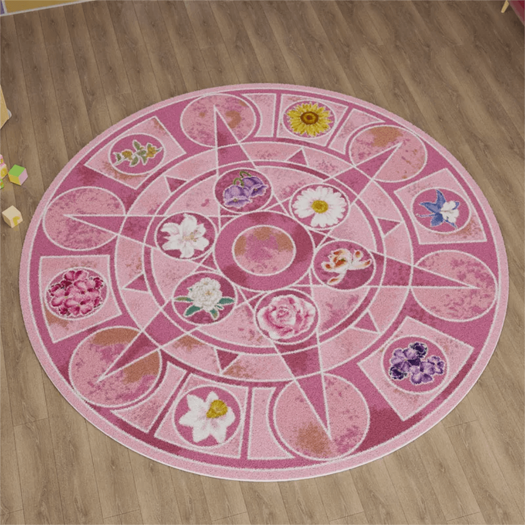 Chic Barbie 12 Dancing Princesses Floral Round Plush Rug Carpet - Pink / Dia 60cm