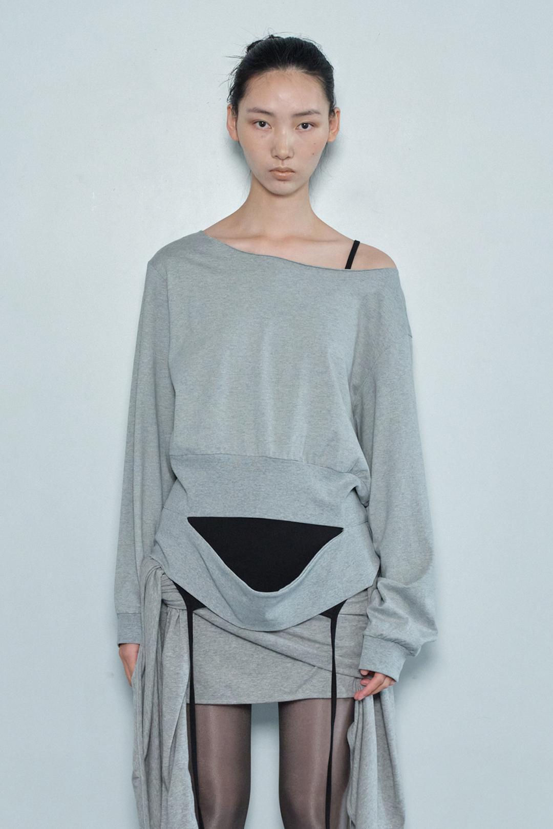 ONE SHOULDER CUT-OFF TOP / GRAY