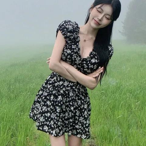 [섹시/잘록허리] 플라워 프릴 밴딩 미니 원피스