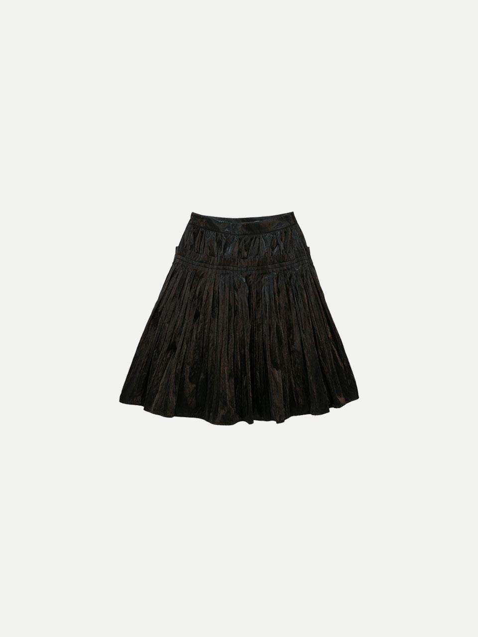 ✲ 2TH GENOROUS PINTUCK MIDI SKIRT GLOSSY BLACK