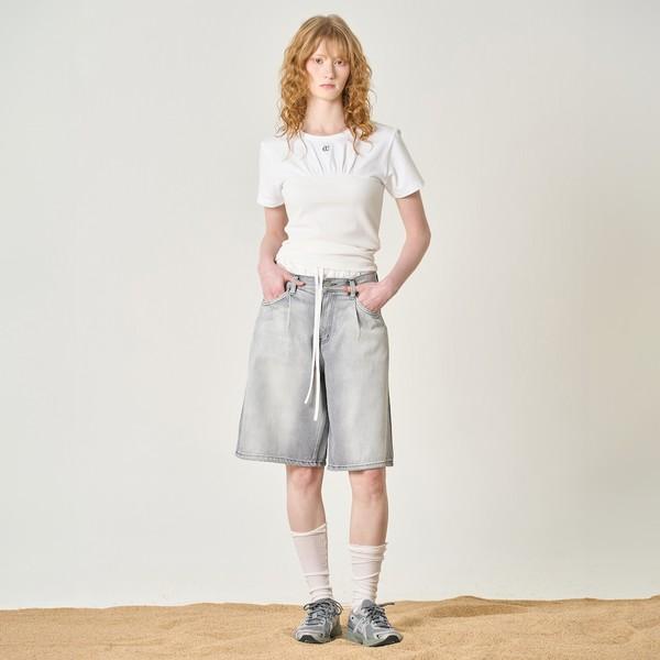 1-Tuck Brush Denim Bermuda Pants_Gray