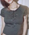 SHIRRING STRIPE BUTTON DOWN TEE_BLACK