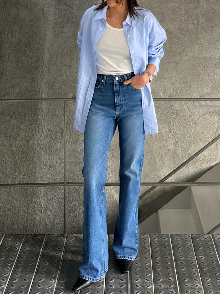 에크미 블루 부츠컷 데님 - 하이웨스트 청바지 중청데님 캐주얼 여성스러운 날씬핏