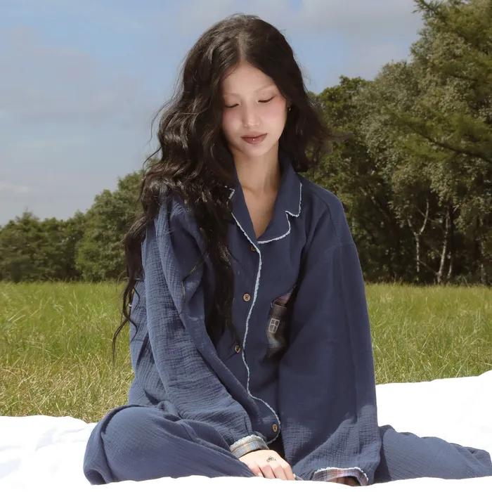 WXPM001 집안에 집 있다 체크 배색 파자마 셔츠 (NAVY)