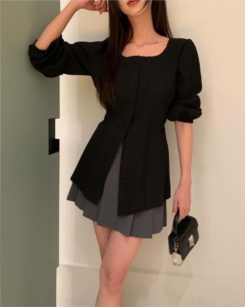 포스터 롱 캐롯 블라우스 (3color) 하객룩 퍼프 레이스 긴팔 블라우스