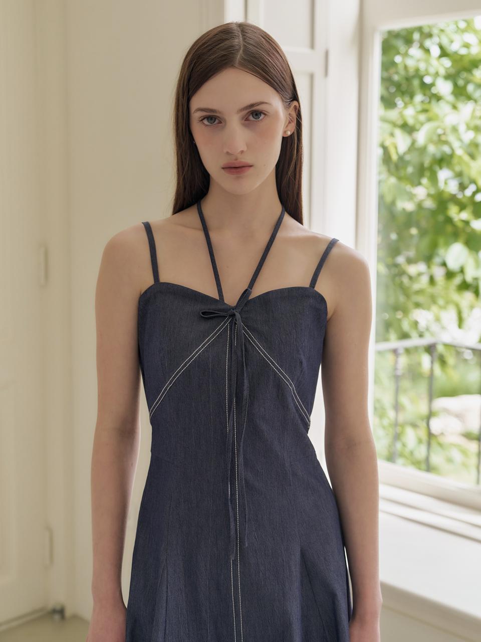 리본 뷔스티에 데님 드레스_2Color