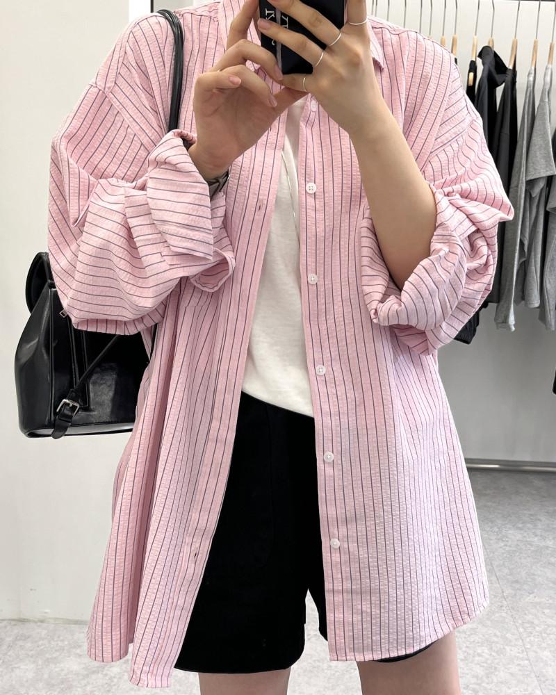 마린 시어서커 스트라이프 오버 셔츠