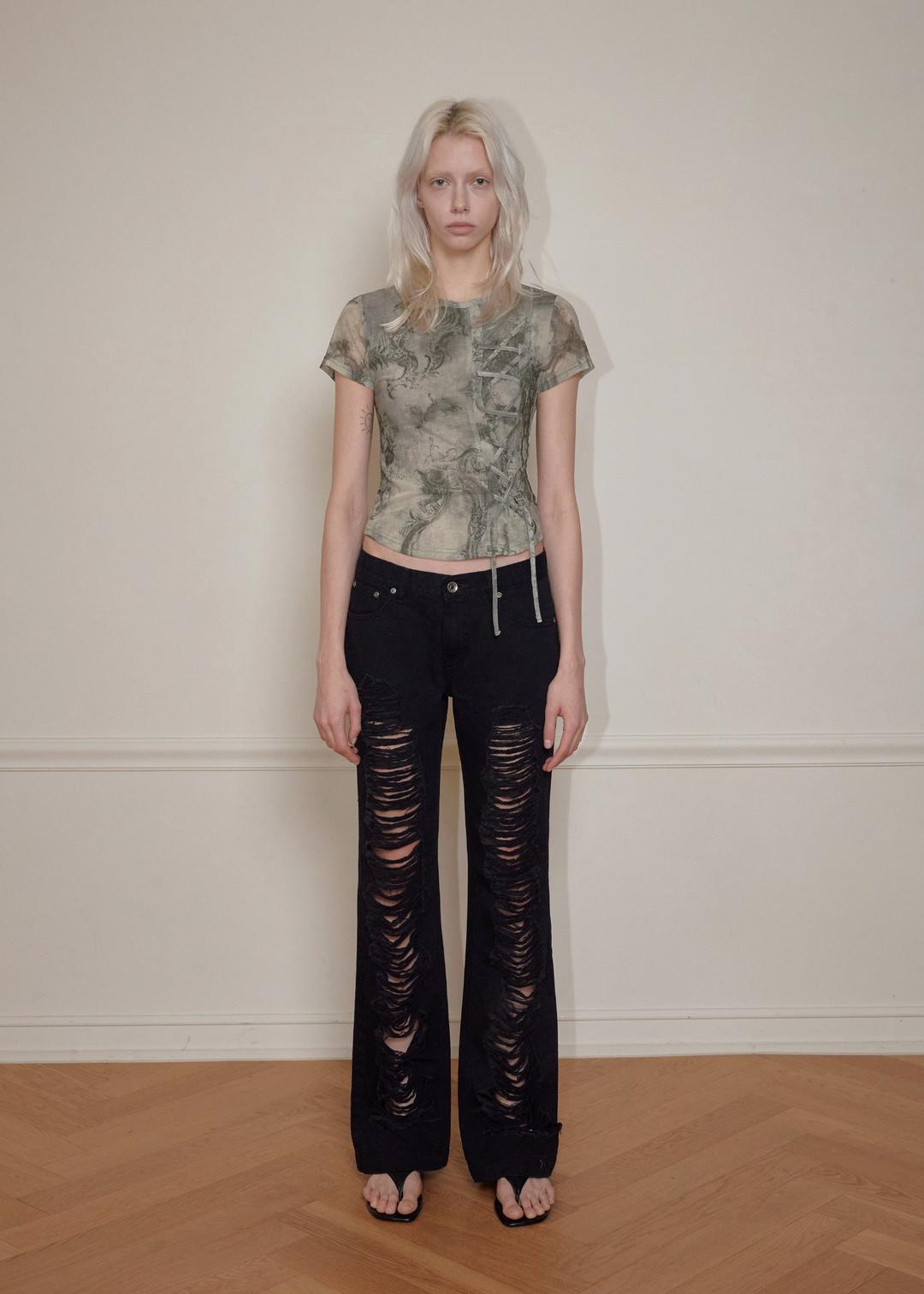 LACE-UP HALF SLEEVEE, BEIGE