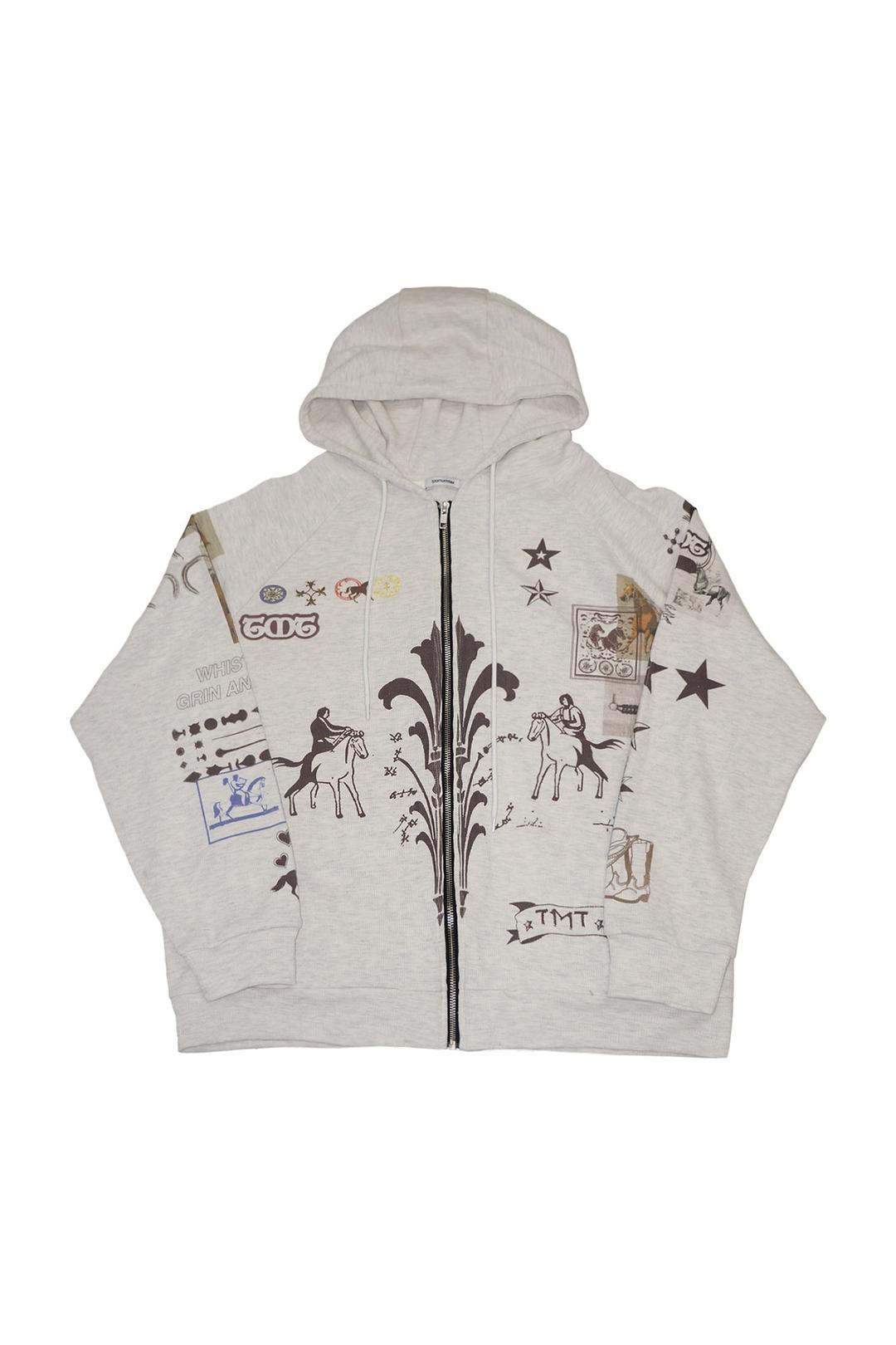 PRINTED WAFFLE ZIP-UP HOODIE (IVORY)