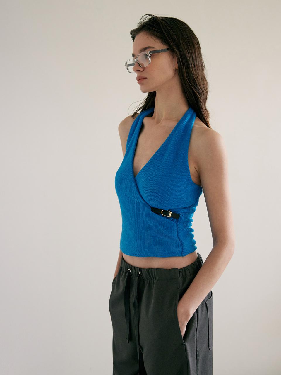 Fluffy halter knit top_ocean blue