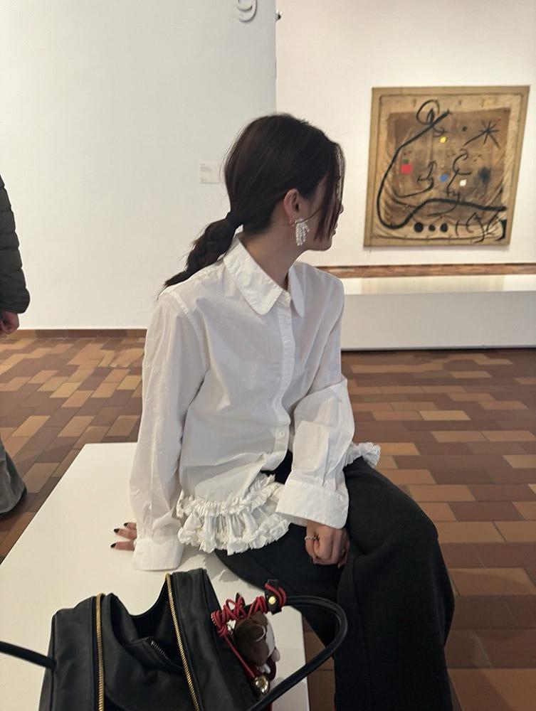 [더누베]하츠 2컬러 프렌치 플리츠 러플 긴소매 셔츠