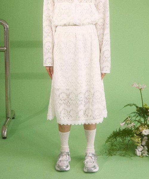 플라워 매쉬 미디 스커트, 오프화이트