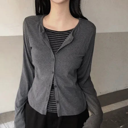 [일체형!후회없음🖤]단가라 스트라이프 레이어드 가디건 일체형 긴팔티 2color
