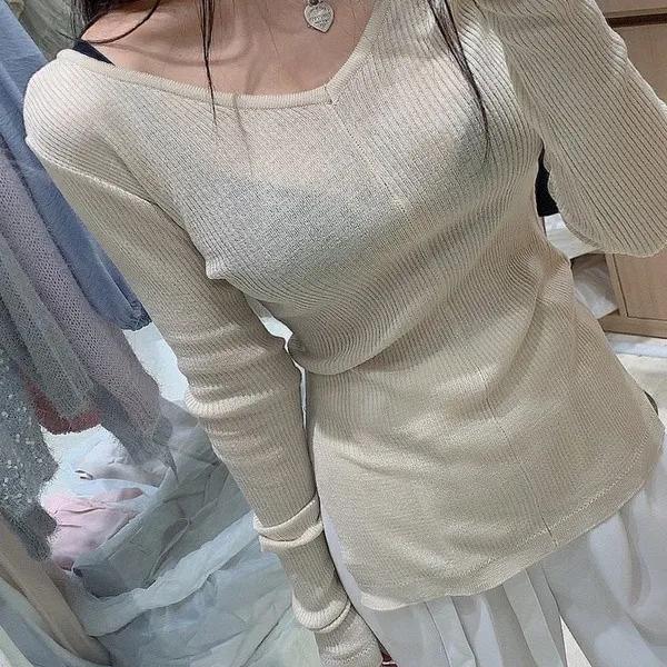 (당일발송/한정수량) 가을 울 양브이 언발 슬림 골지 니트 티 (4col)