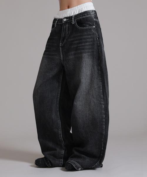 사이드 버튼 와이드 데님 팬츠_빈티지블랙
