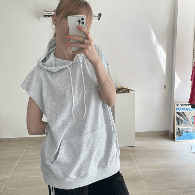 [무배] 여름 무지 루즈핏 후드 나시 조끼 티셔츠 4colors