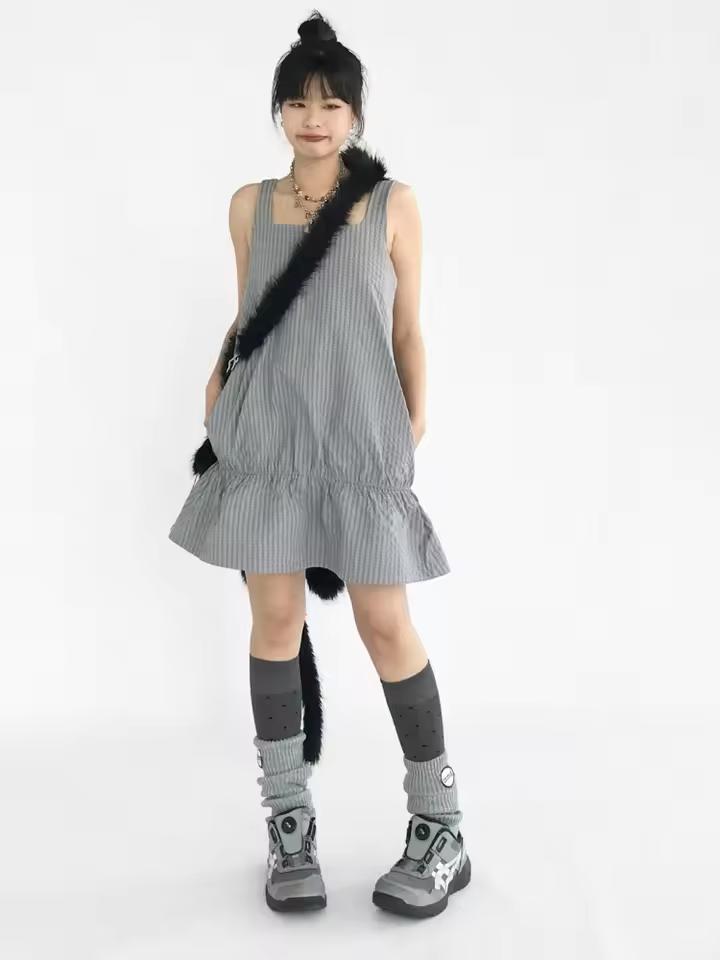 여성용 민소매 원피스, 콘트라스트 컬러 로브, 빈티지 하라주쿠 스위트 미니 드레스, 스트라이프 플리츠 그런지 드레스, 2024 여름