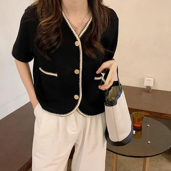 스킨 라인 노카라 반팔 자켓