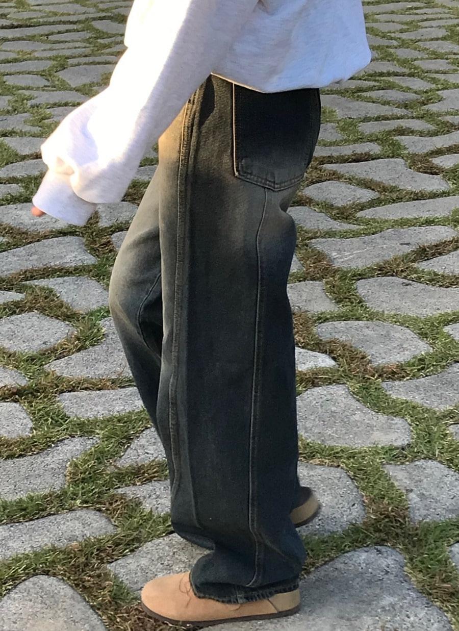 Chouette pants 슈에뜨 절개 롱 와이드 진청 데님 청바지 빈티지 워싱 팬츠