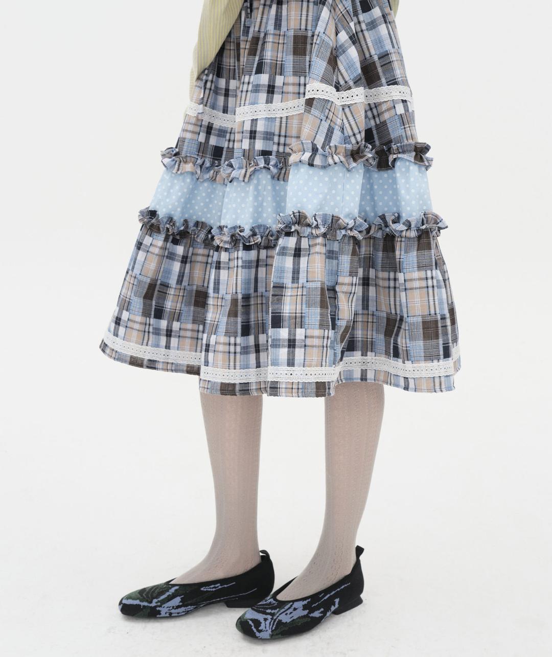Lace Trim Ruffled Check Skirt [Blue]