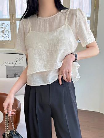 이런 상품 어때요? [반팔 set] 레이어드 뷔스티에 시스루 쉬폰 퍼프 블라우스