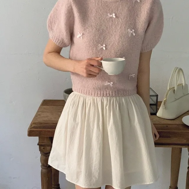 [색감보장/리본니트/러블리룩] 플라밍고 러비 리본 반팔니트