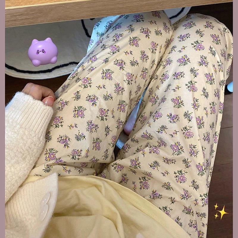 꽃 여성 잠옷 한국 홈 바지 카와이 홈웨어 잠옷 소녀 편안한 가정 의류 귀여운 Pj 바지 라운지 착용
