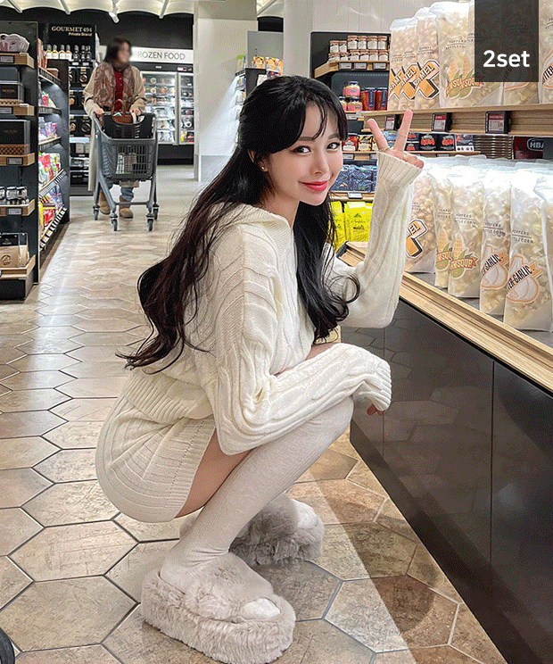 [2set/꼭소장ෆ] 베어 꽈배기 크롭후드+스커트,set