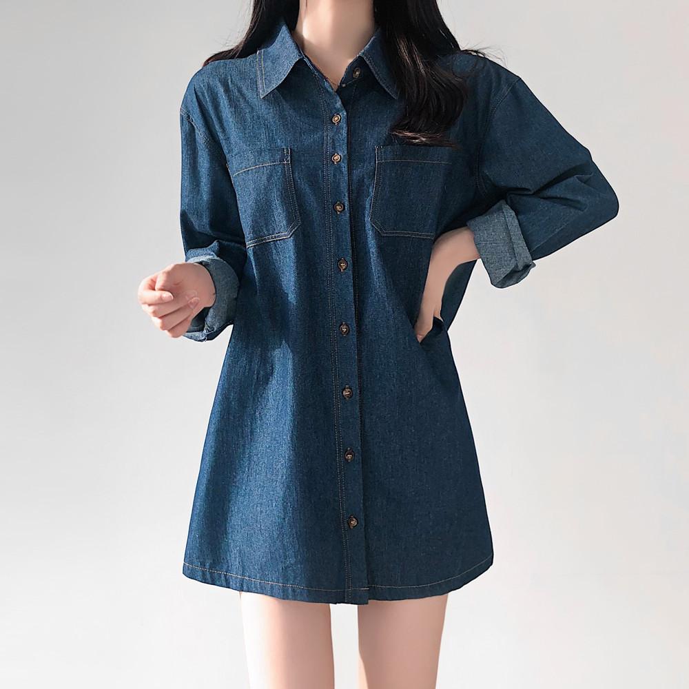 시니컬 일자핏 셔츠 데님 미니 원피스