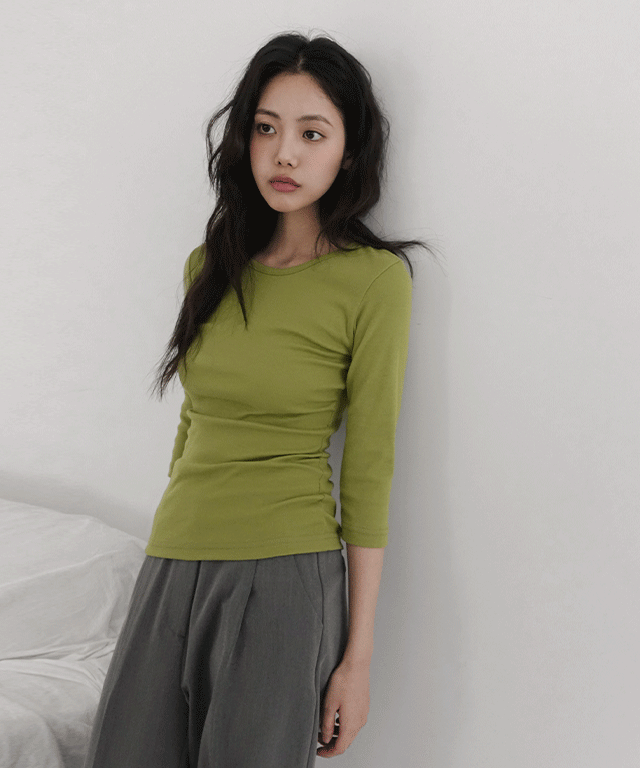 데일리쥬 [무료배송] 레온드 셔링 라운드 7부 티셔츠