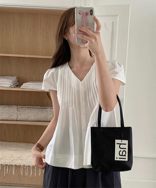 뮤틀리 드엘 반팔 여름 핀턱 블라우스 3color