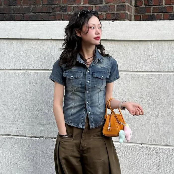 Western Slim Denim Short Shirts DCWSH002BlueA