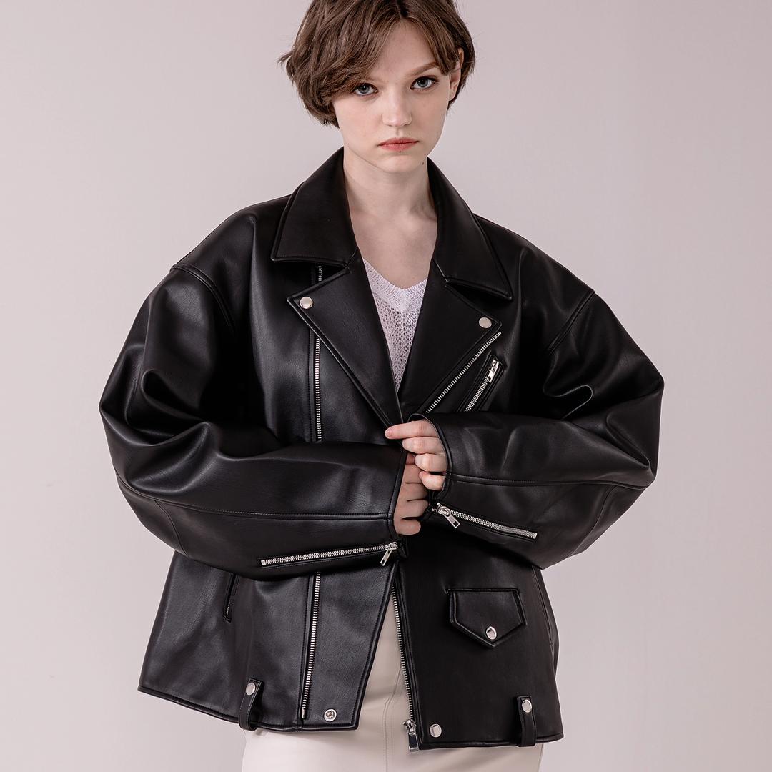 VEGAN LEATHER DOUBLE OVERFIT RIDER JACKET woman-BK