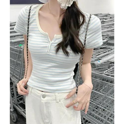 딥유넥 쫀쫀 블루 스트라이프 단추 티셔츠 귀여운 러블리 캐주얼 꾸안꾸 데일리 크롭 슬림핏 여리