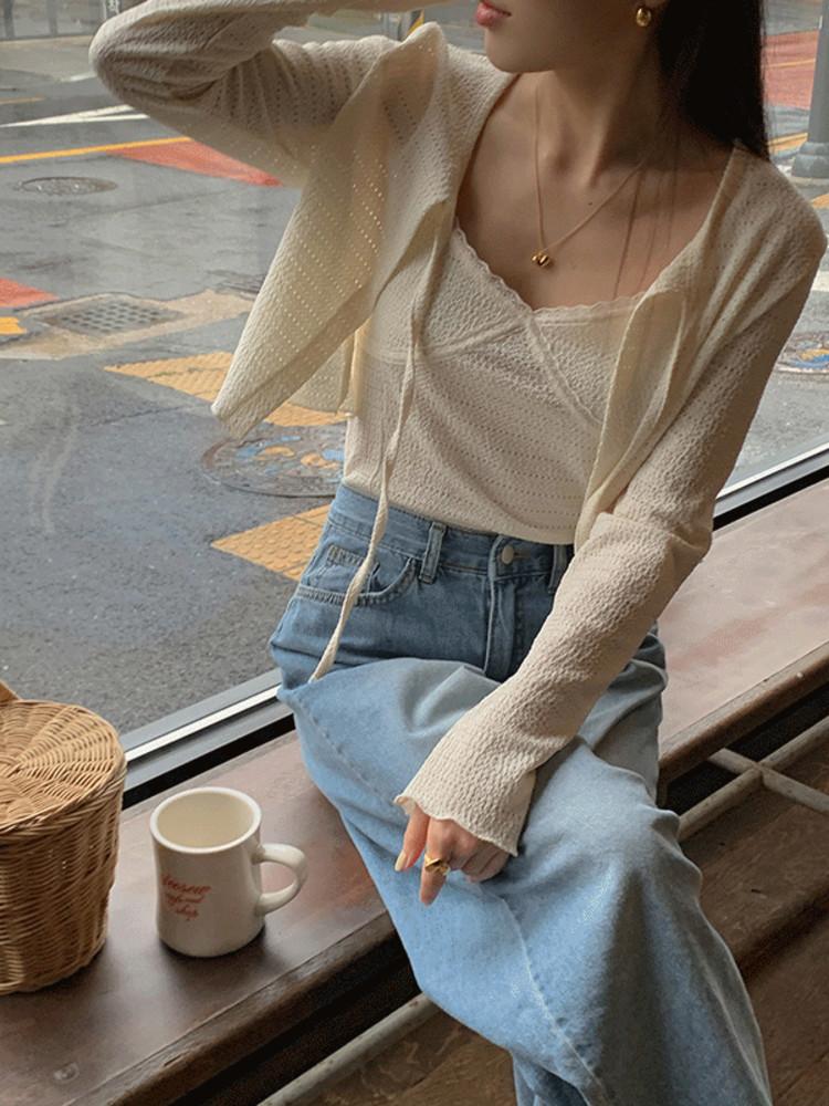 [🌴썸머세일](set)로렌 뷔스티에 펀칭 나시 세트 여름 가디건(2color)