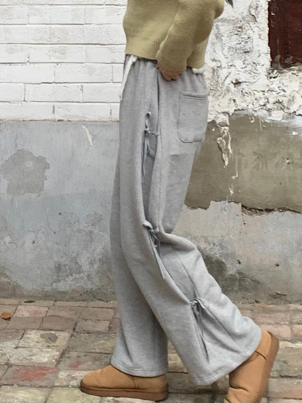 겨울 양기모 사이드 리본 와이드 통 밴딩 트레이닝팬츠