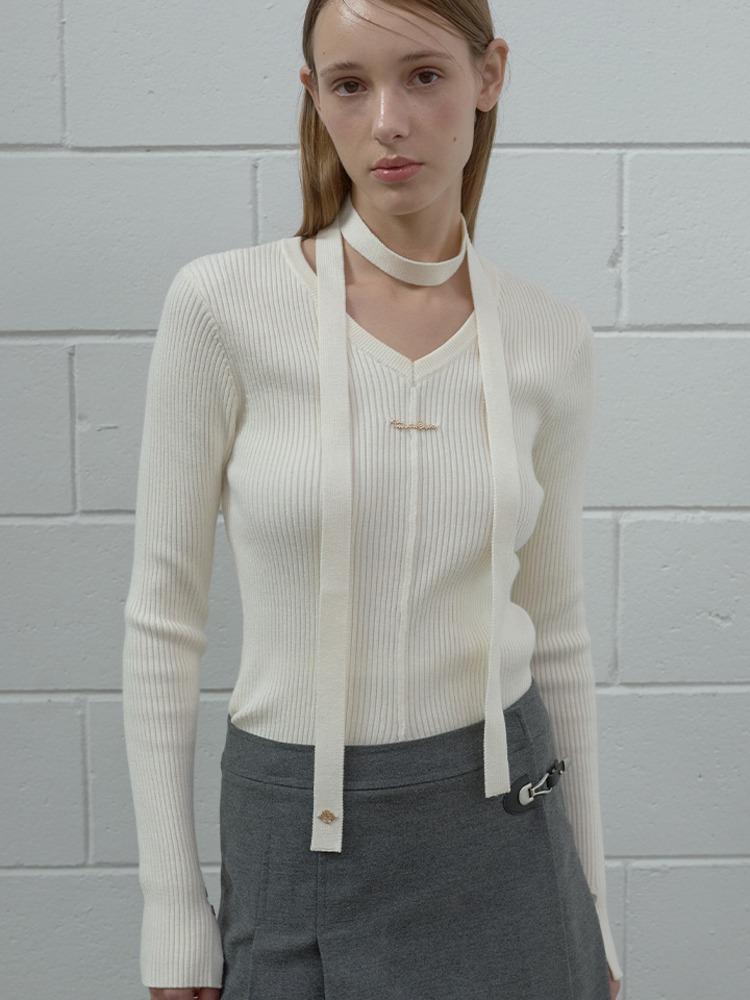 V-NECK RIBBED KNIT & MUFFLER SET IV