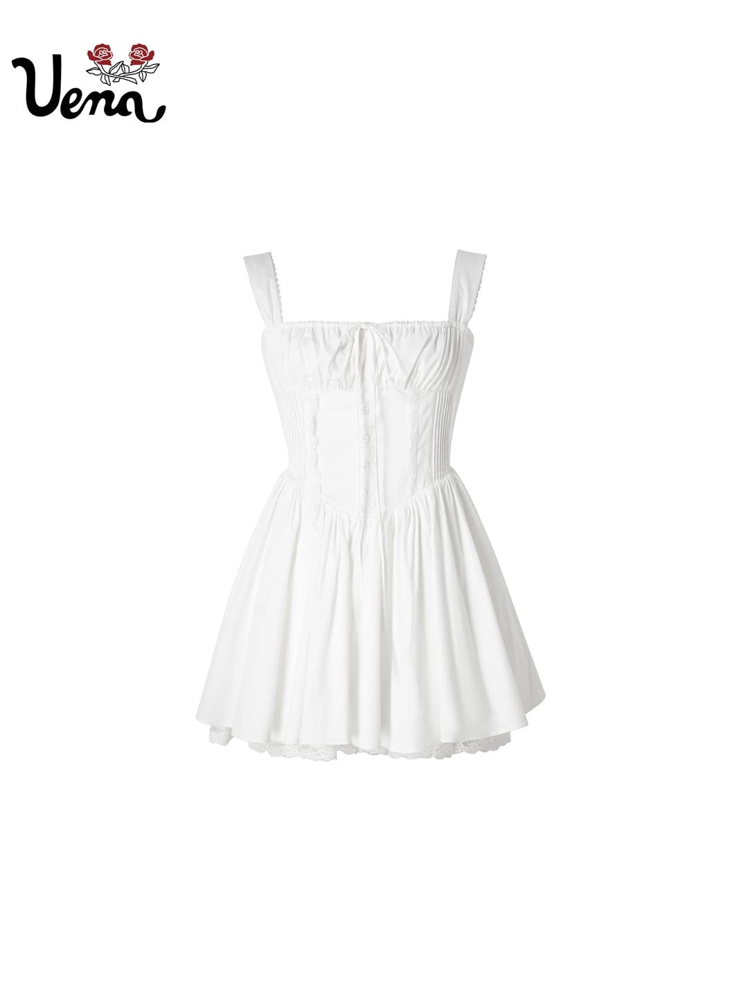 [ UENA ] White Snow In Spring - Waist Fishbone Pleated Dress