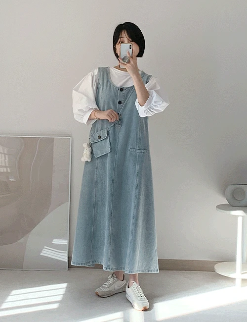 [SET/66-통통77] 데님 오버롤 멜빵 뷔스티에 원피스 세트
