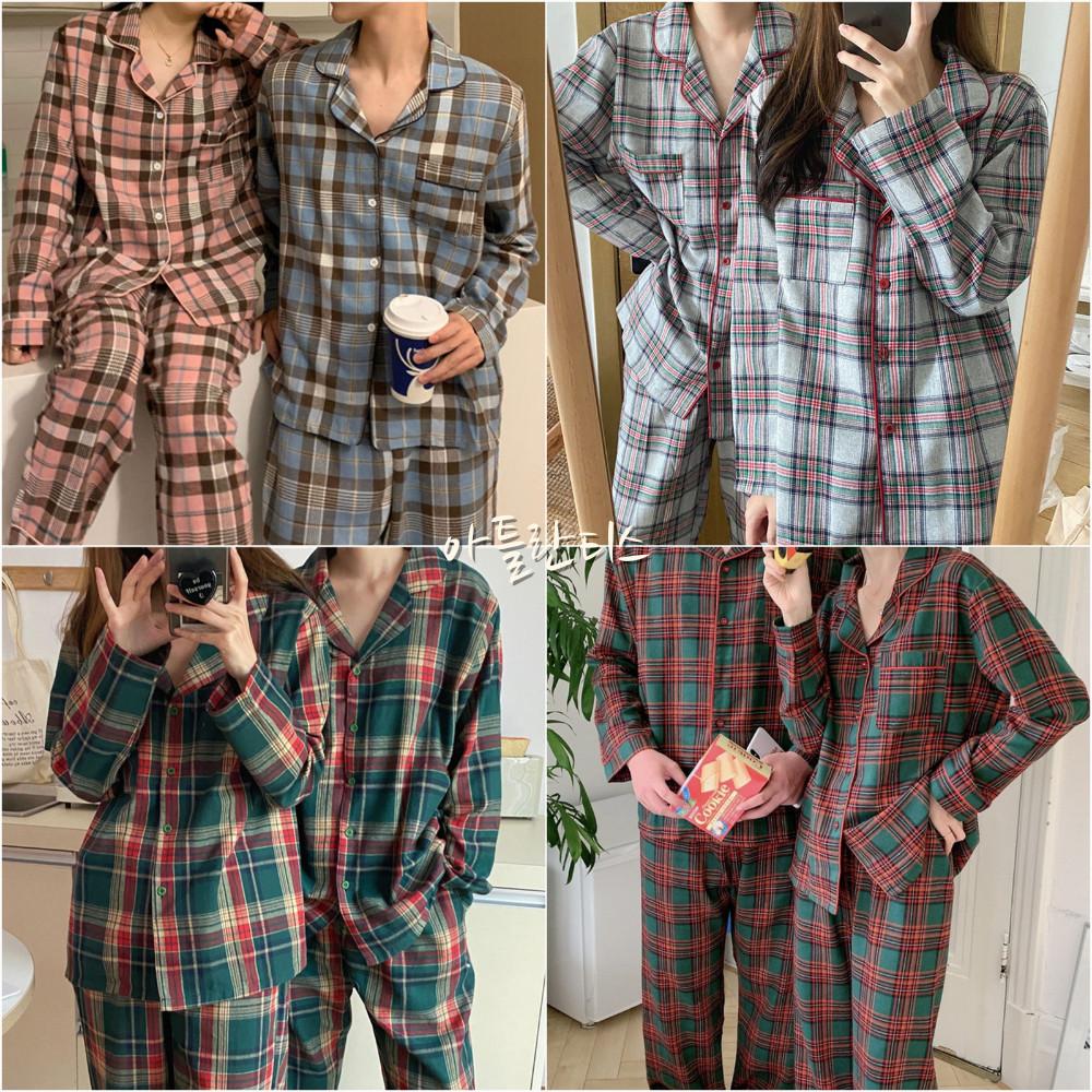 피치기모 체크 겨울 커플잠옷 면 여성 수면잠옷