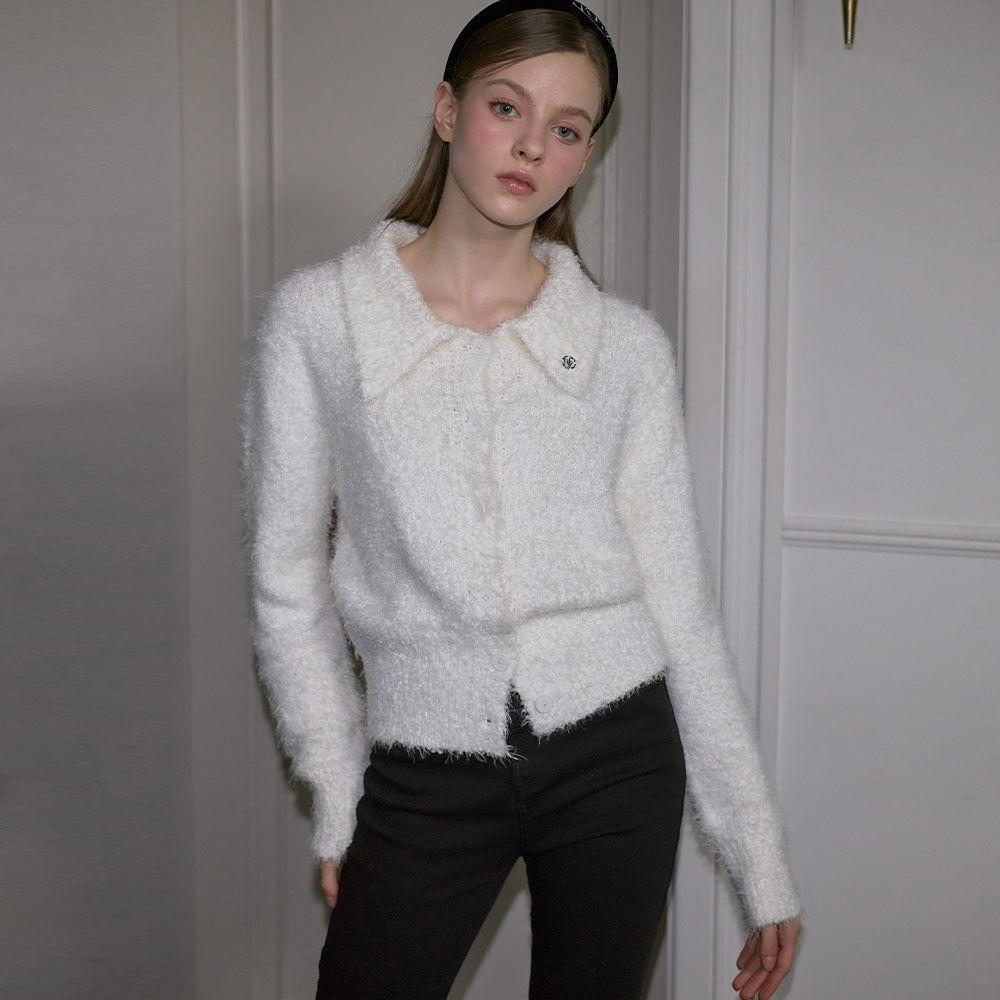 Hairy Collar Knit Cardigan [Ivory]