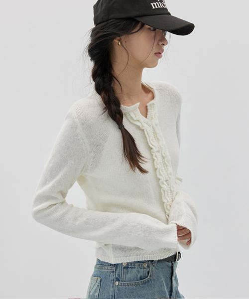 러플 울 니트 가디건 세트 아이보리