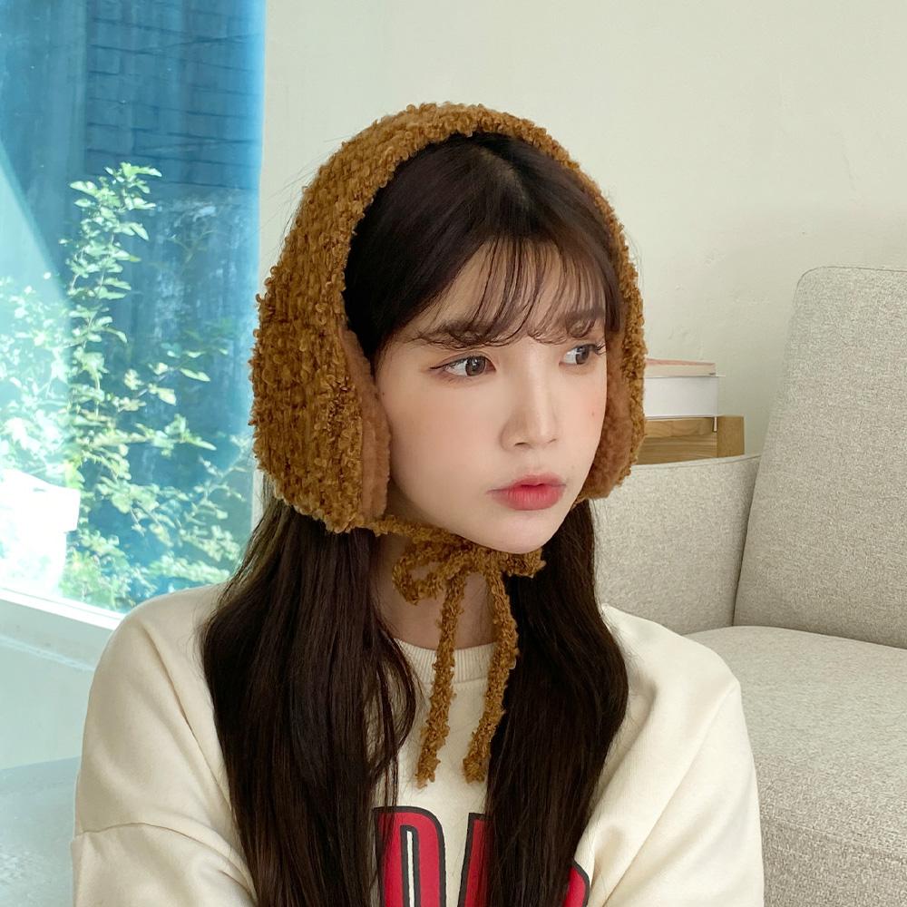리본 스트랩 뽀글이 양털 니트 귀도리 귀마개