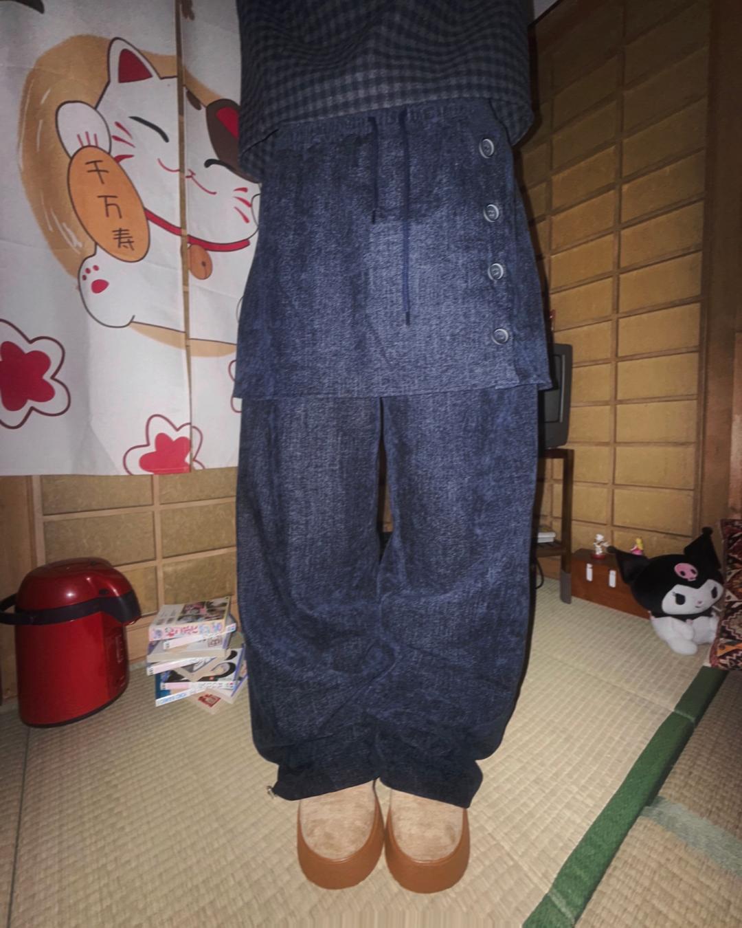 도우치도우치 (2color) 버튼 스커트 레이어드 벨로아 데님 팬츠