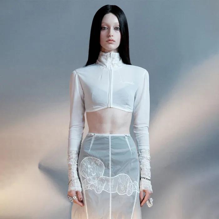 Casper Lace Zip-up Tee Ghost Sheer