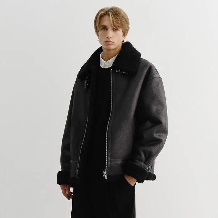 UNISEX LOOSE FIT LINE SHEARLING JACKET BLACK_M_UDJU5D123BK